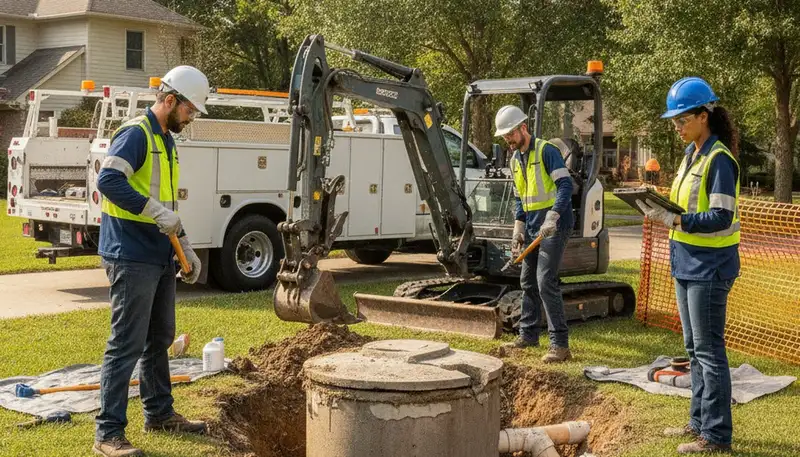 Septic repair technician servicing Reno, NV home sewer system for prompt plumbing repair